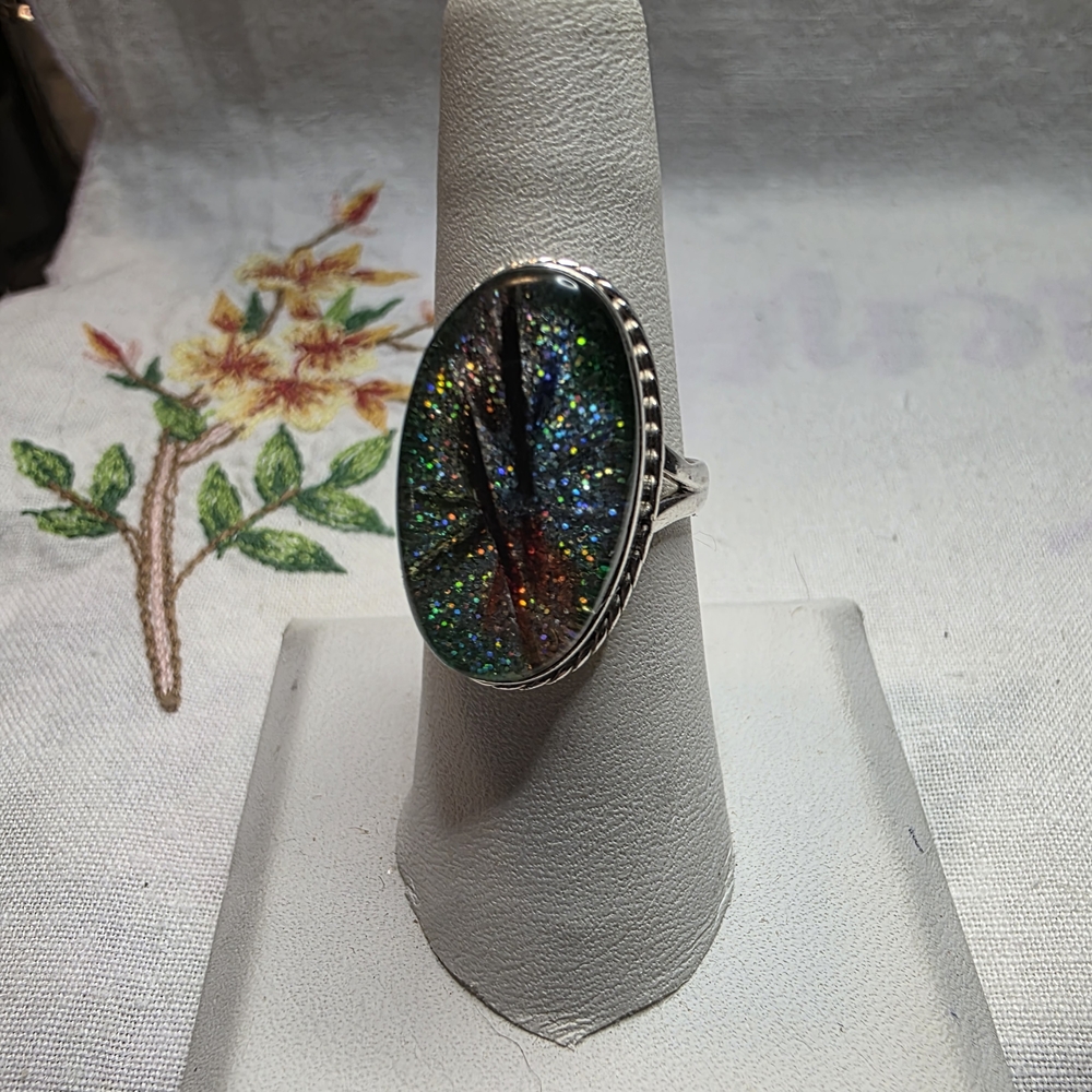 Vintage oval-shaped black fire opal Ring Made From Resin In Sterling Silver Band